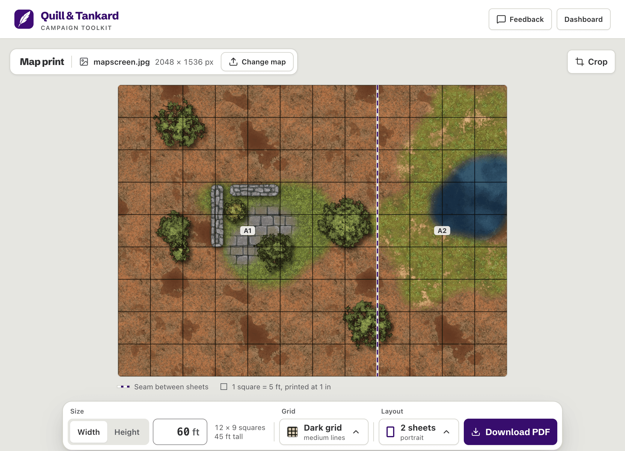 The map print page: a battle map 60 ft wide, under a dark grid of 5 ft squares, with a dashed seam between sheets A1 and A2.