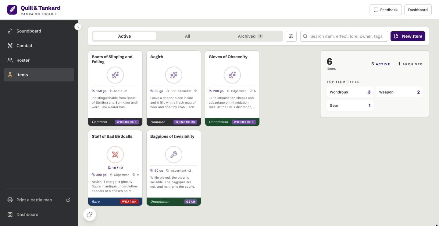 The item tracker with homebrew items.