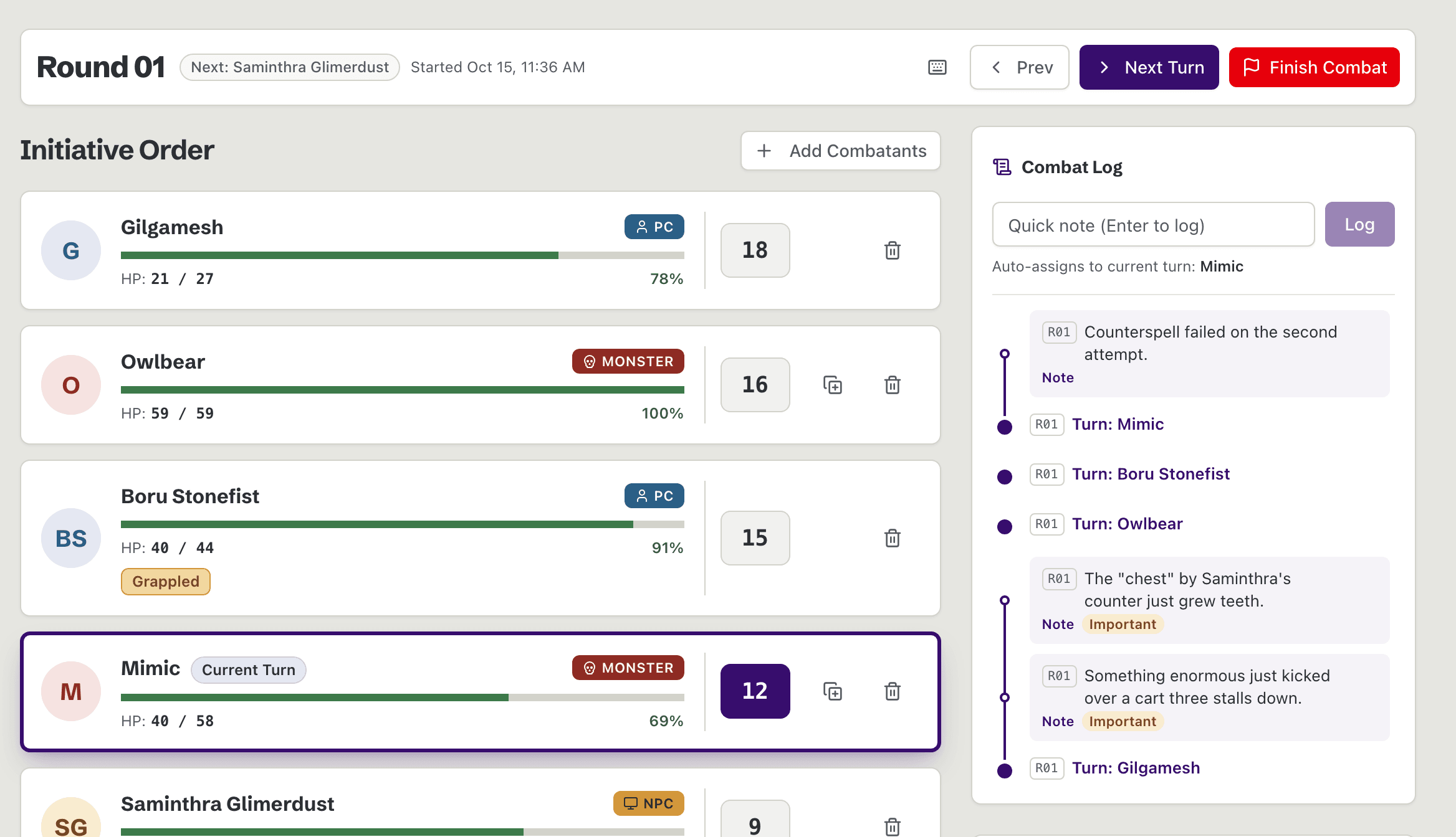 The Combat Tracker in round 1, with Combatants in initiative order, the current turn marked, and the Combat Log.