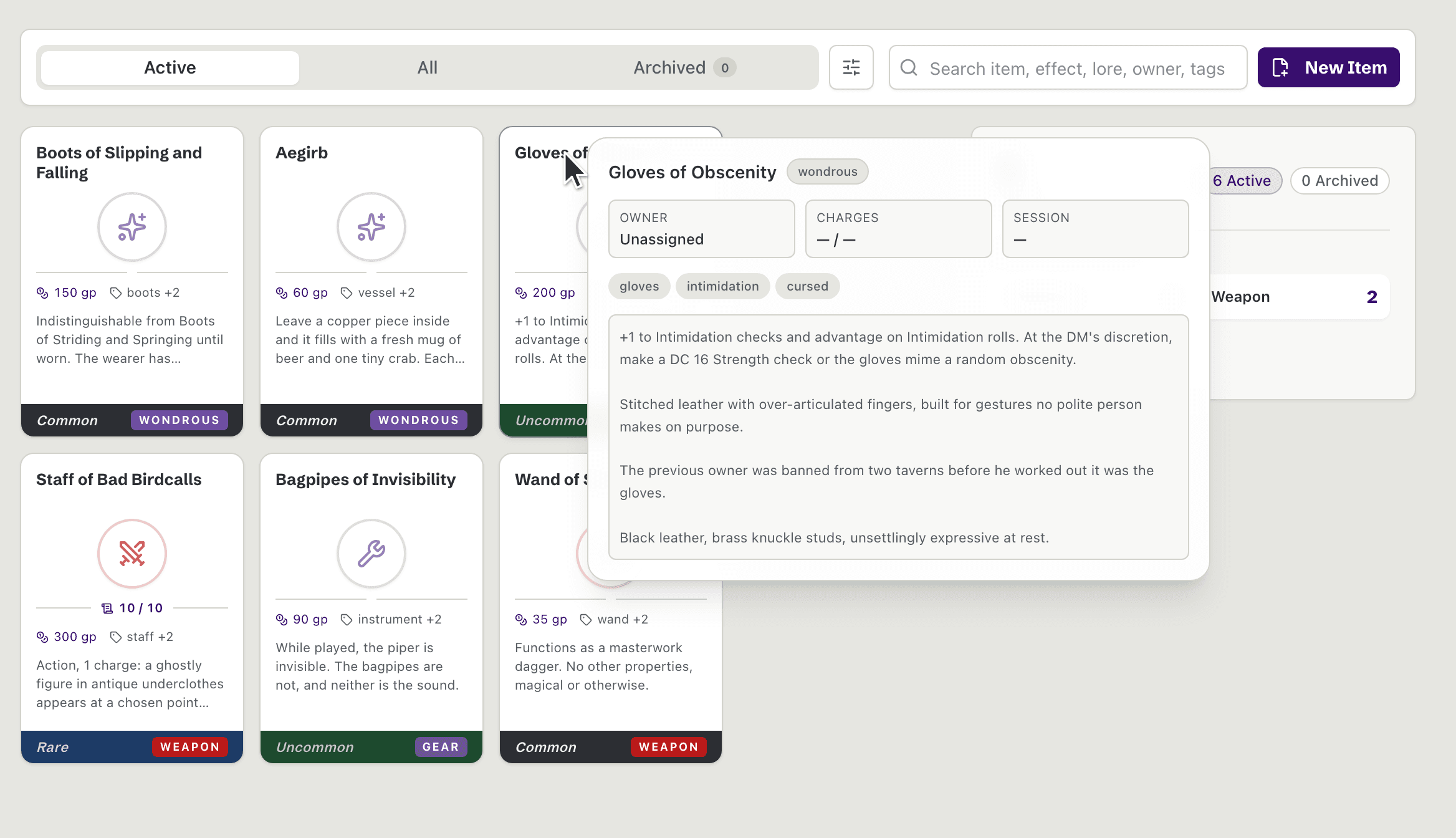 The Item Tracker's homebrew Item cards, with one Item's hover preview open on its owner, charges, and description.