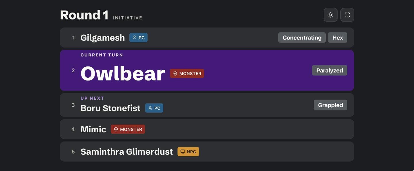 What the players see on their screen: the same order, with the Owlbear’s turn marked and no HP.