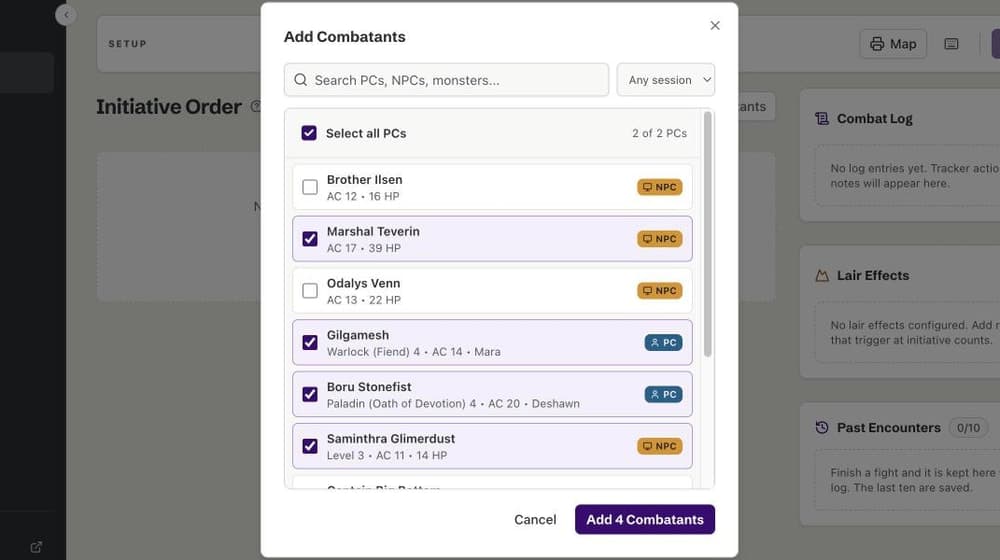 The “Add Combatants” dialog: roster characters to tick, with a session filter and “Select all PCs”.