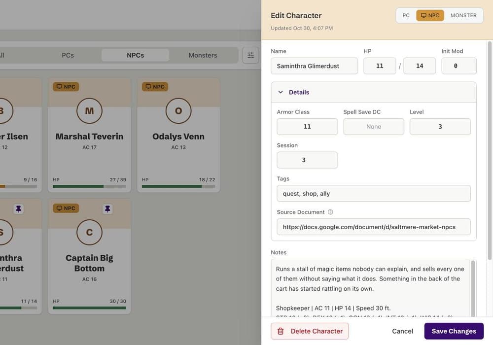 The editor for Saminthra Glimerdust, an NPC: HP, initiative modifier, armor class, level, session, tags, source document, and notes.